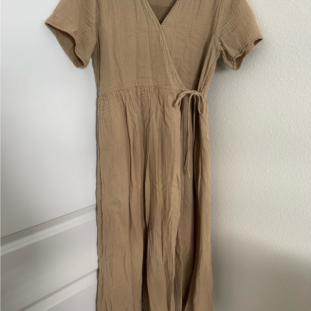 Casual Wrap Midi Dress in Tan with Tie Waist